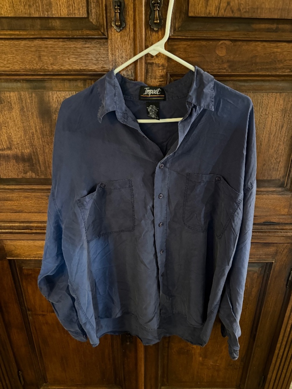 Impact Vintage 90s Mens Regular Fit Blue Solid Silk Spread Collar Shirt L